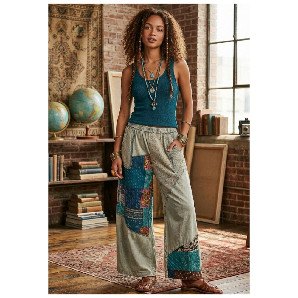 POL Wide Leg Patchwork Pants in Teal and Olive